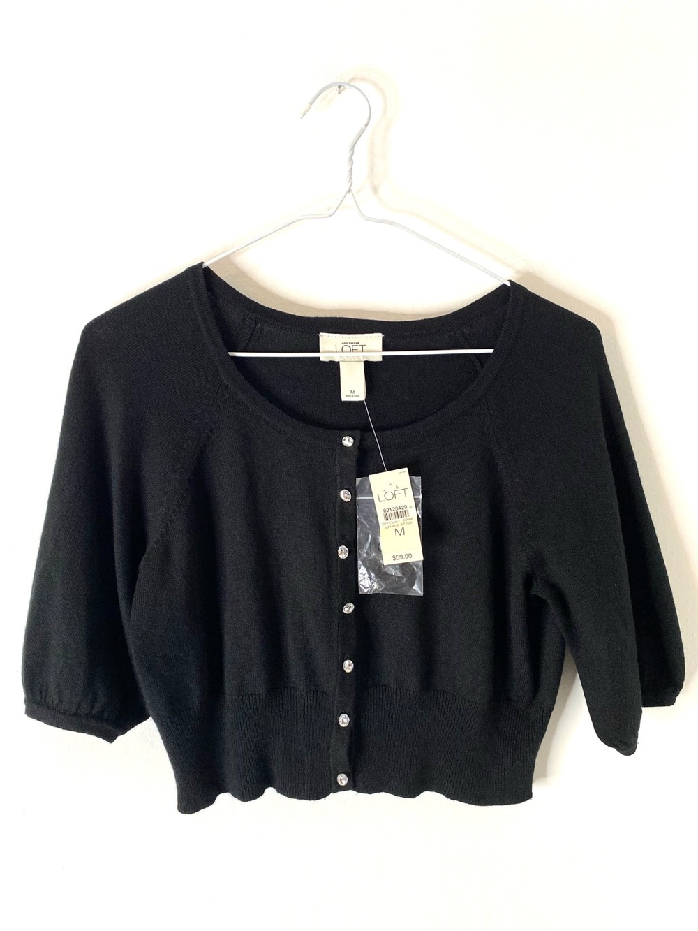 LOFT Black Silk Cashmere Crystal Button Cropped Cardigan Sweater NWT